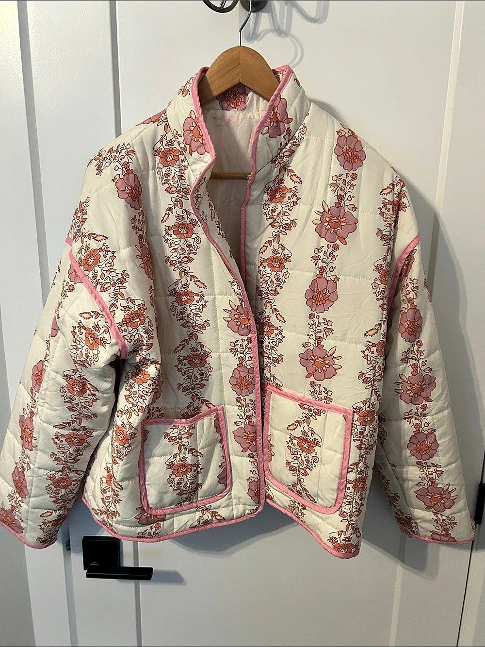 Floral Quilted Puffer Jacket in White & Pink Like New